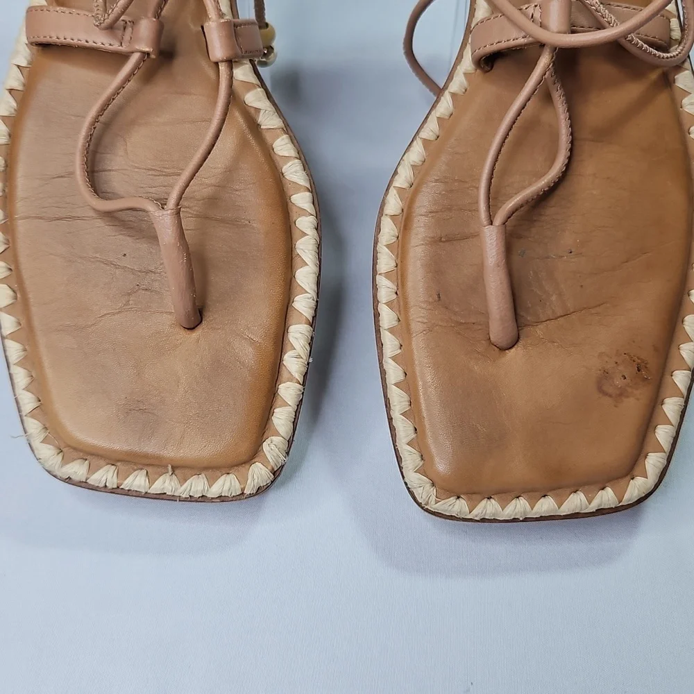 Antonio Melani The Nate Note Leather Ankle Wrap Tie Thong Tan Sandals Sz 9